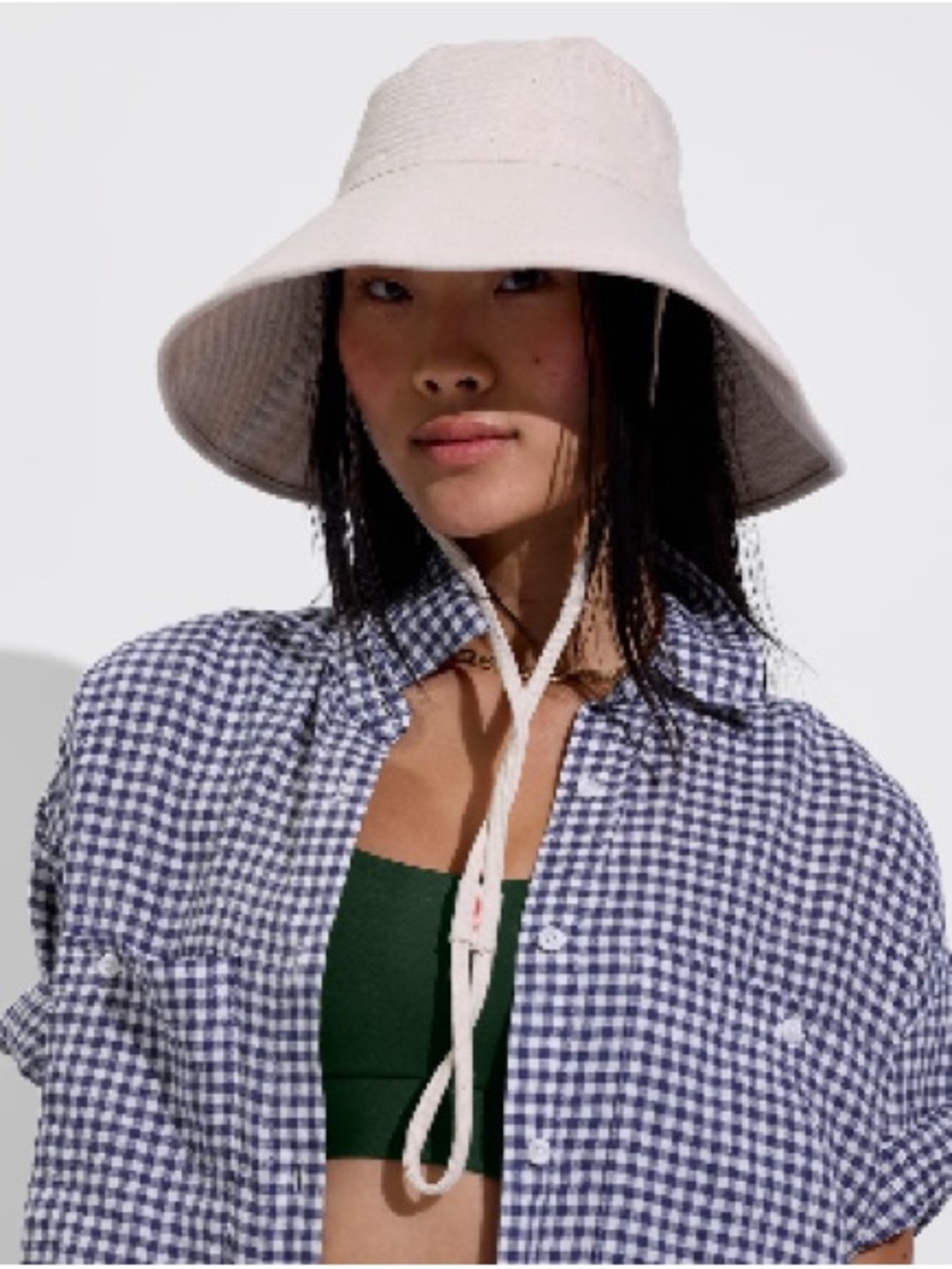 Left on Friday Wide Brim Bucket Hat with Chin Tie in Light Cream